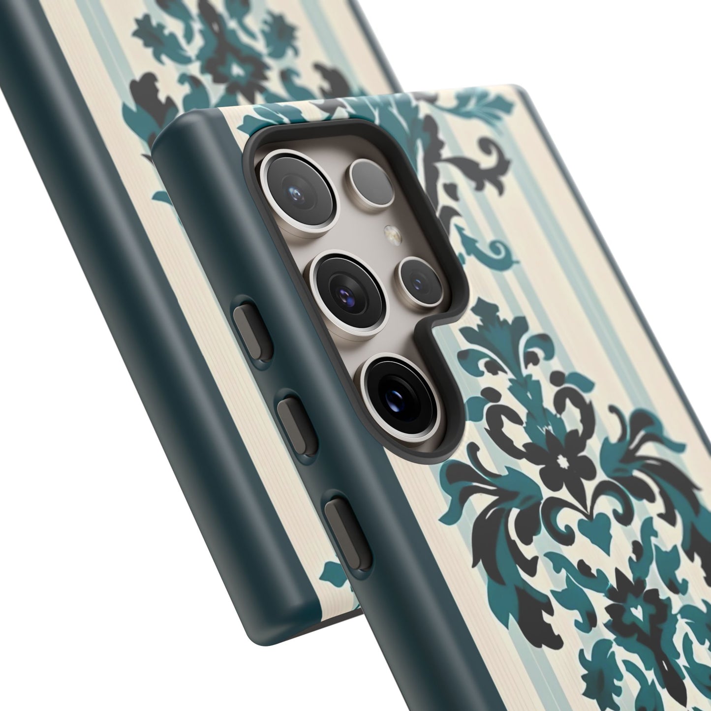 Elegant Floral Phone Case - Tough Cases with Vintage Design - Teal Striped Damask