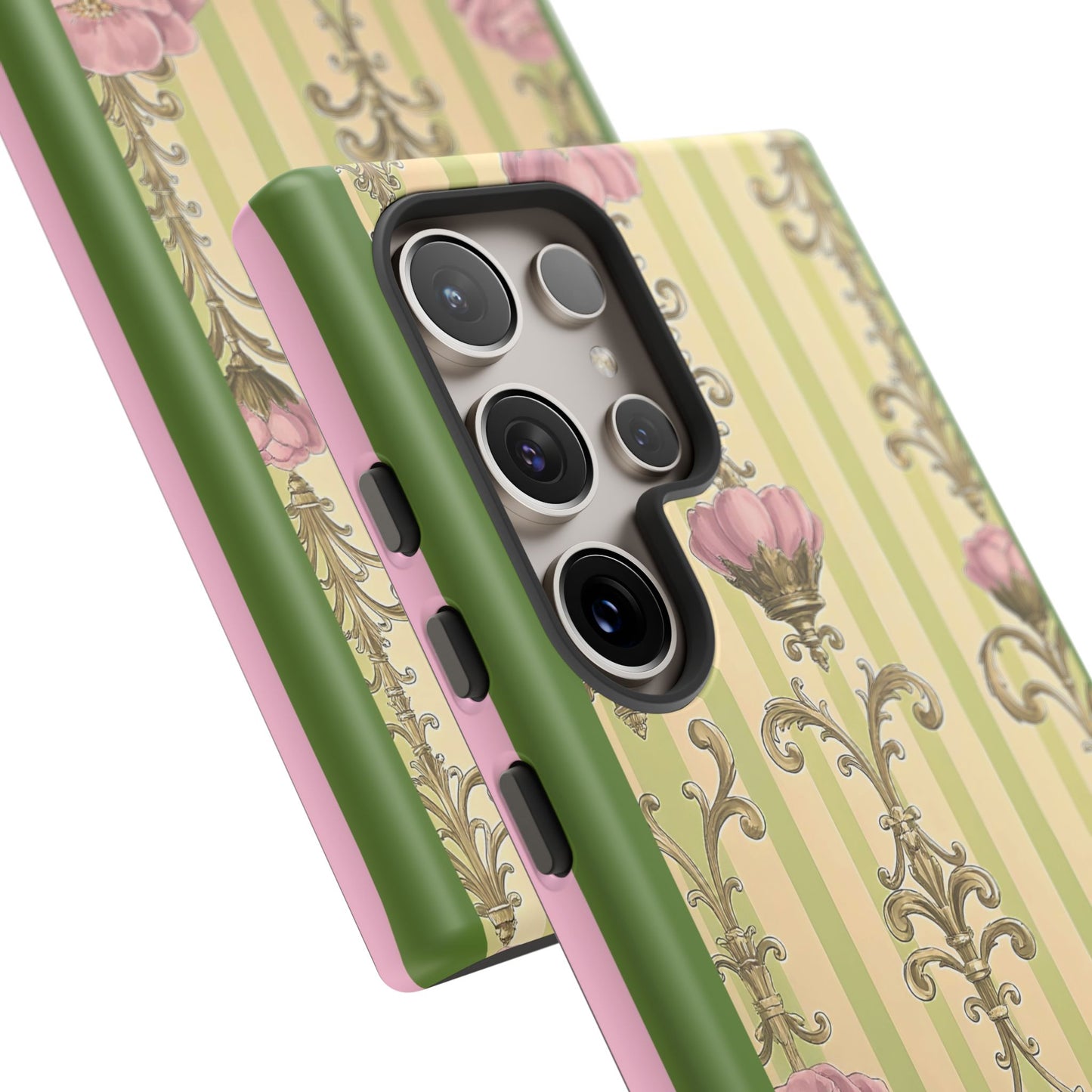 Elegant Floral Motif Phone Case - Tough Cases with Vintage Design - Lime Green & Pink Striped Damask