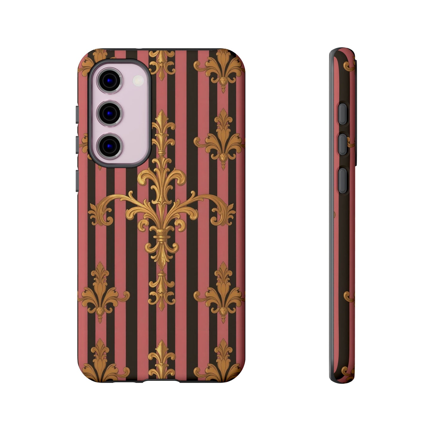 Elegant Floral Motif Phone Case - Tough Cases with Vintage Design - Mauve Striped Gold Damask