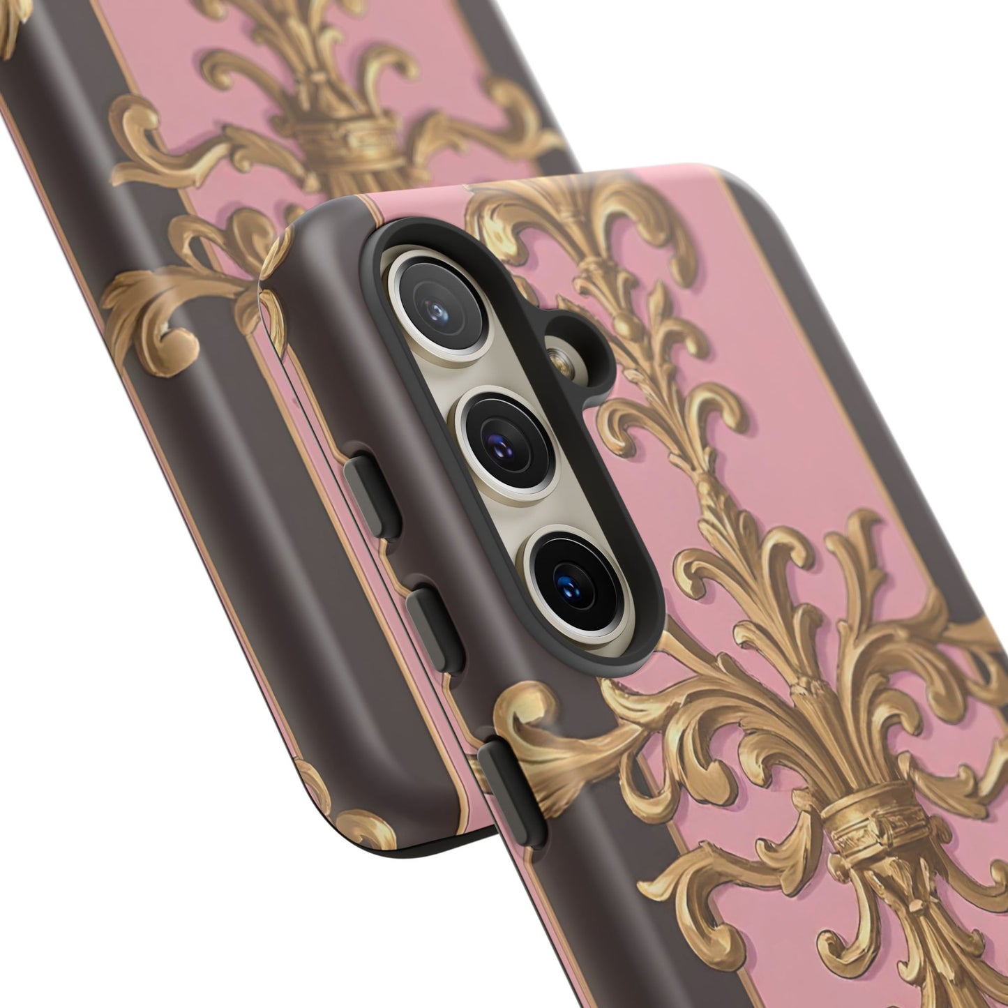 Elegant Floral Motif Phone Case - Tough Cases with Vintage Design - Pink & Brown Striped Gold Damask