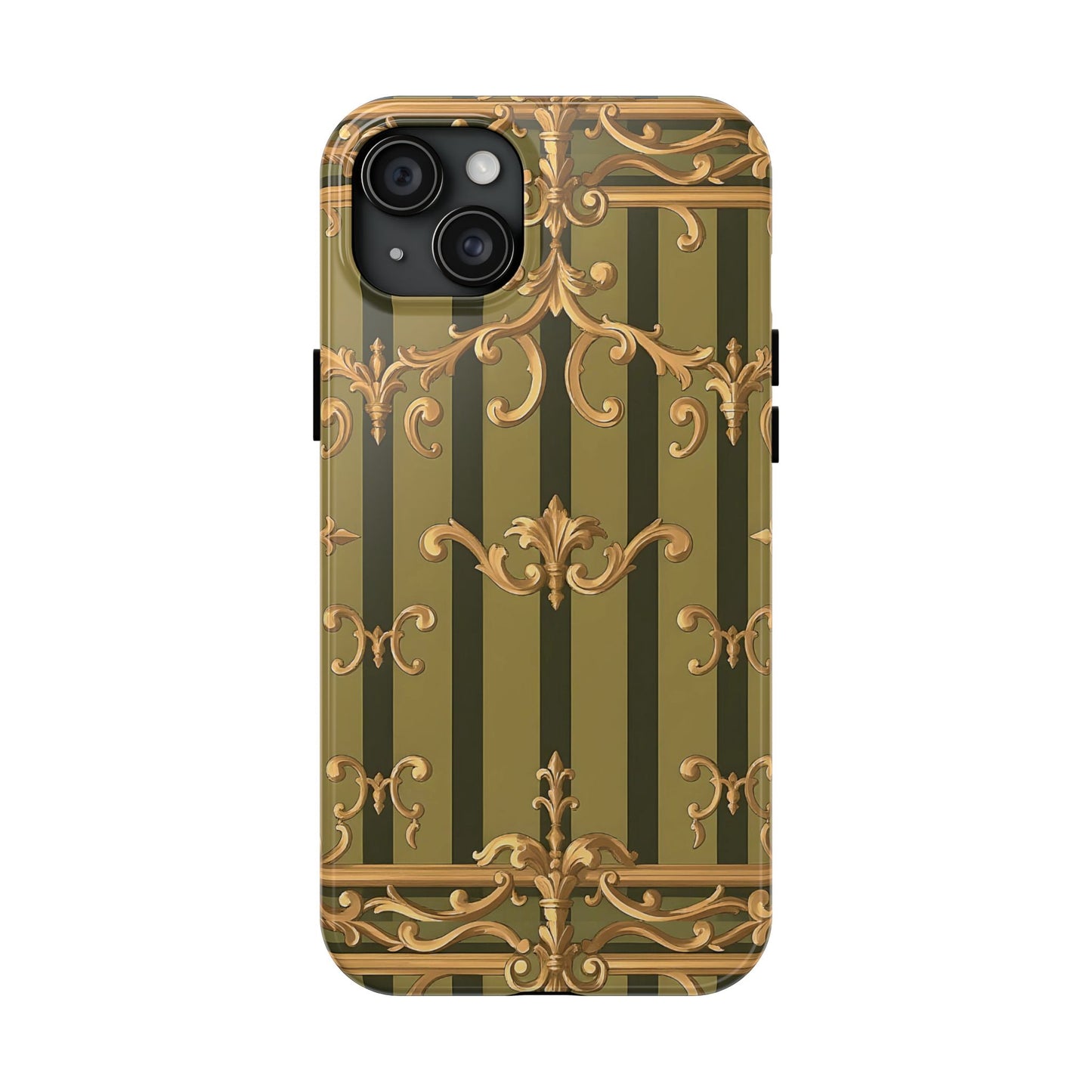 Elegant Vintage Phone Case - Tough Protection with Classy Design, Stylish Phone Cover for Fashion Lovers - Olive Green Striped Rococo