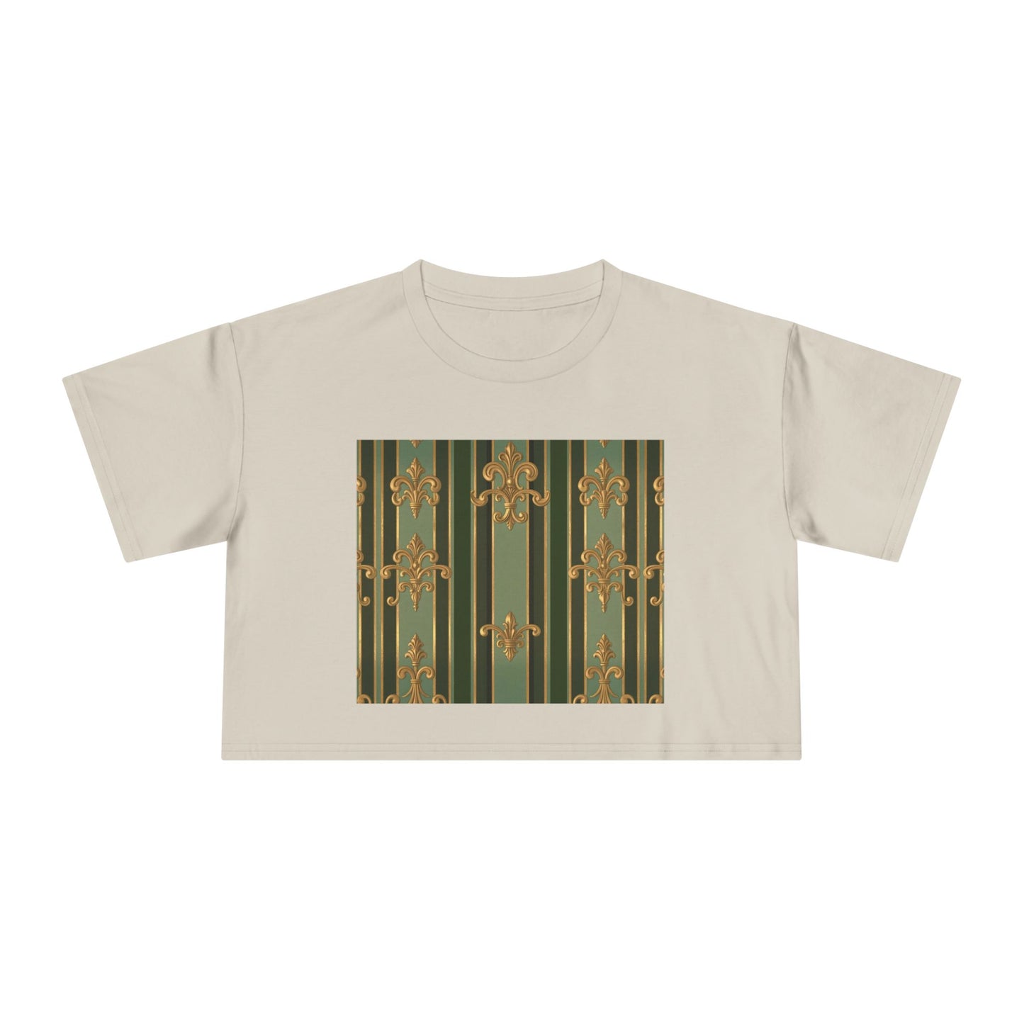 Chic Baroque Women's Crop Tee, Trendy Summer Top, Casual Outing Shirt, Stylish Layering Piece, Gift for Her - Green Striped Gold Baroque