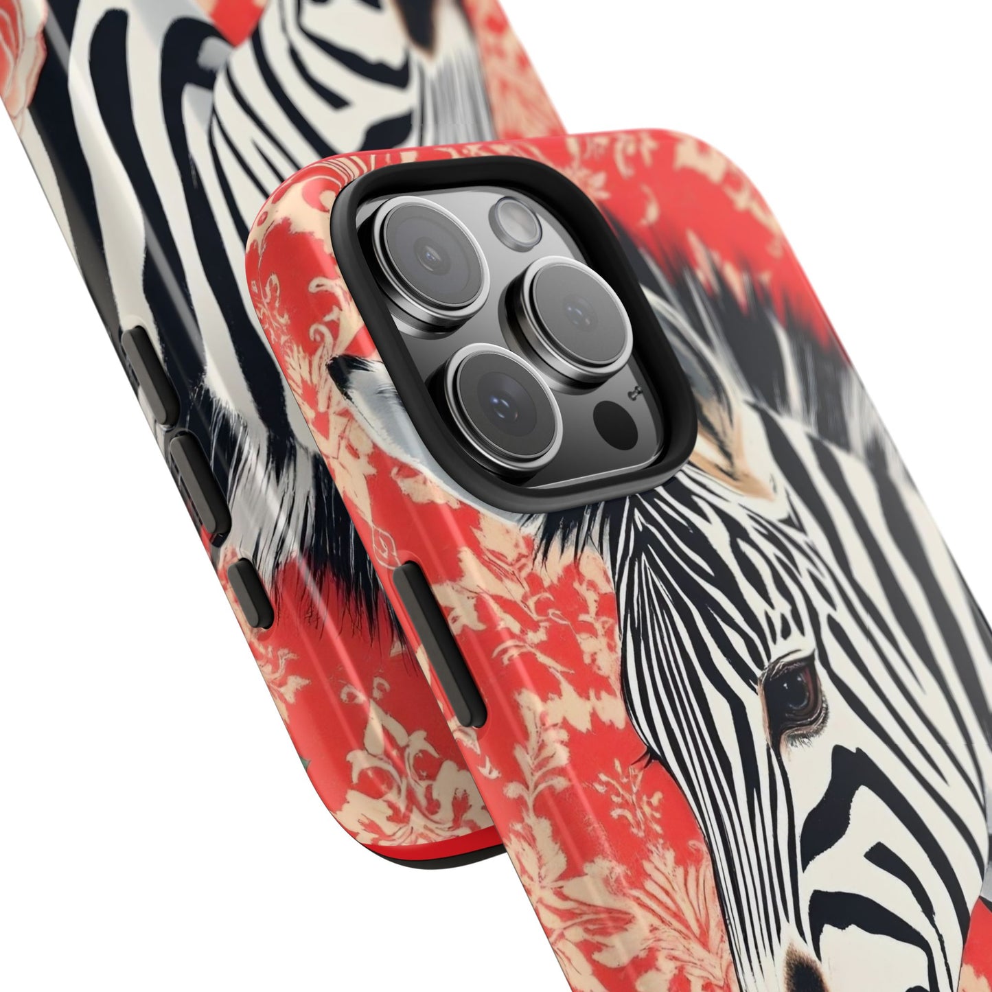 Zebra Tough Phone Case - Trendy Floral Design for Animal Lovers - Zebra With Coral Roses & Damask