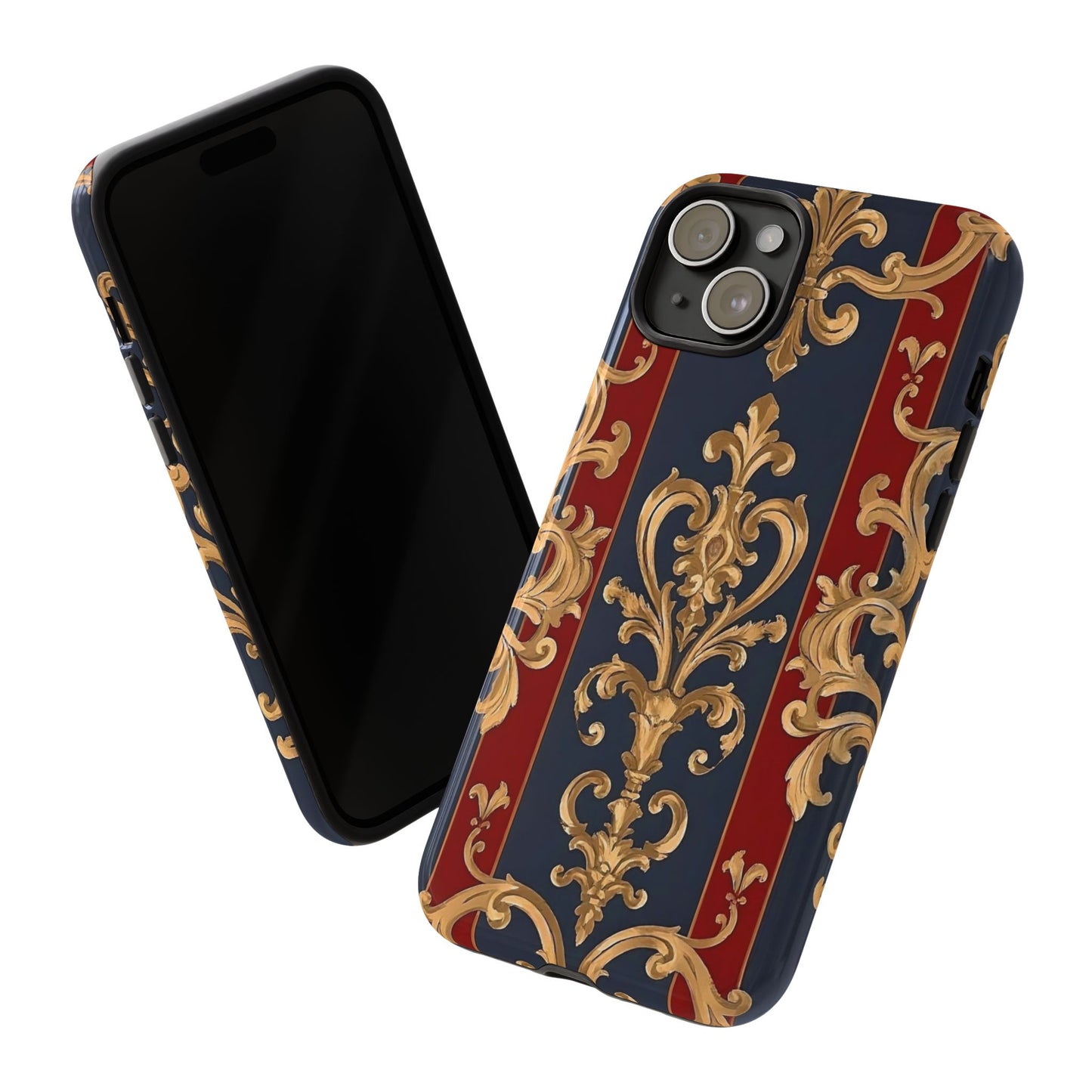 Elegant Floral Motif Phone Case - Tough Cases with Vintage Design - Midnight Blue & Dusk Red Striped Gold Damask