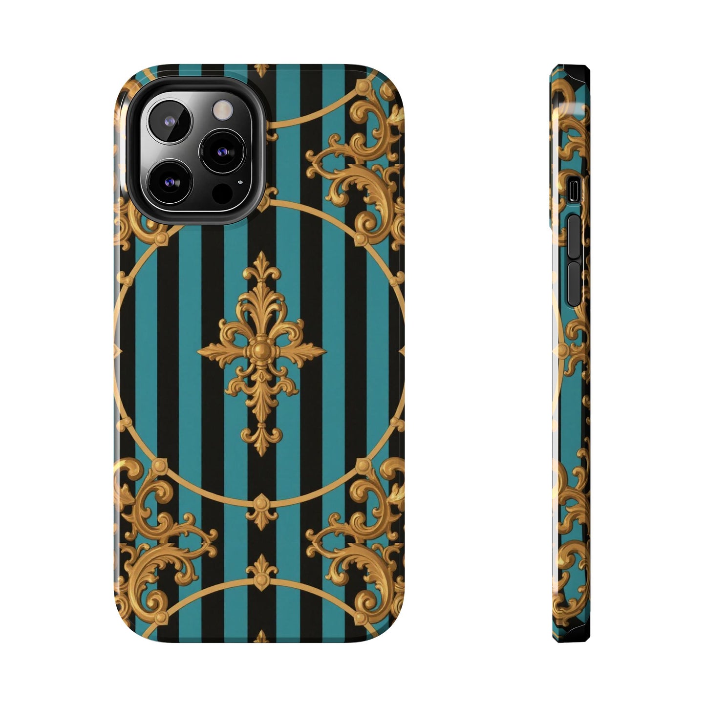 Elegant Turquoise & Black Striped Gold Baroque Phone Case, Tough Phone Cases for Fashion Lovers, Gift for Her, Luxury Accessories