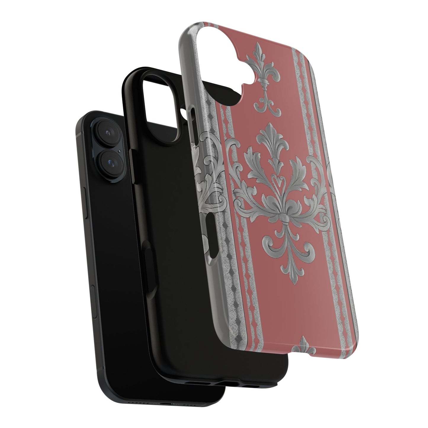 Elegant Floral Phone Case - Tough Cases for Stylish Protection - Gray & Mauve Striped Baroque