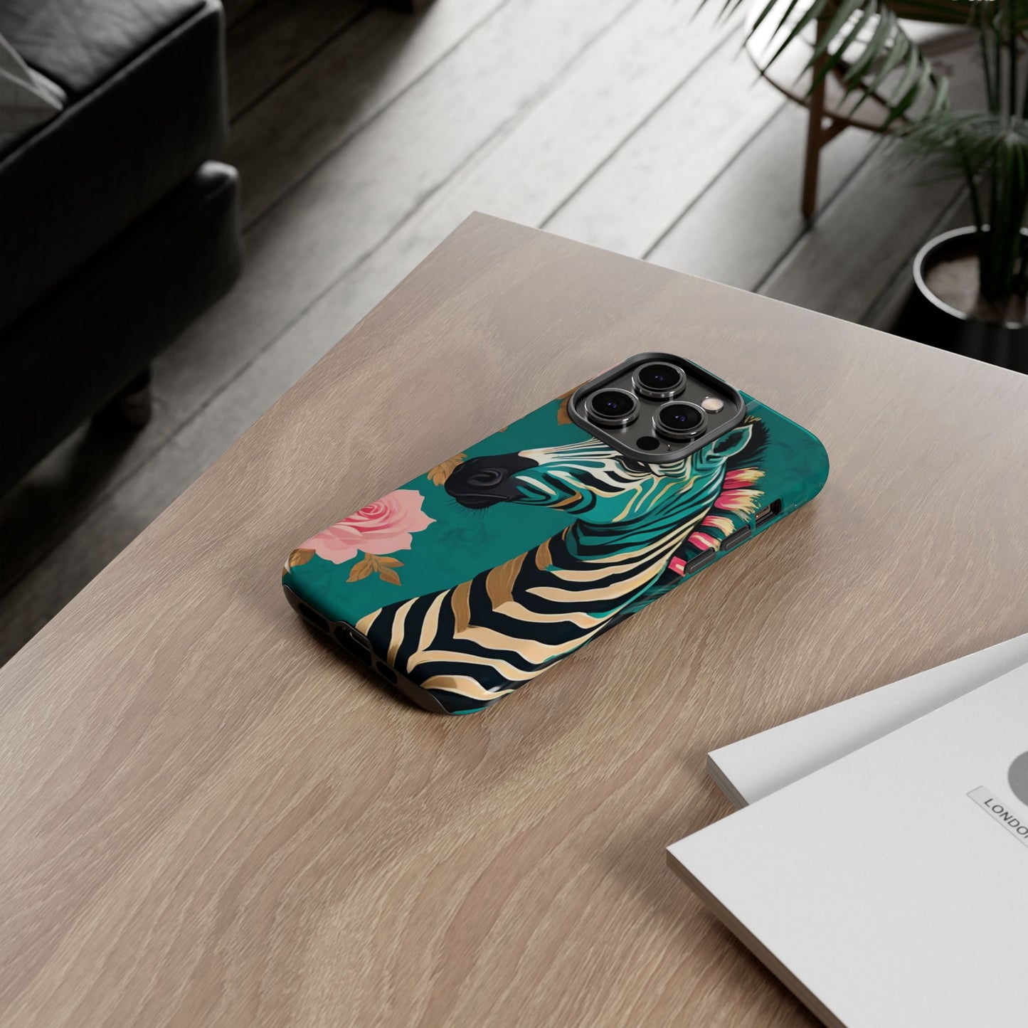 Phone Case - Elegant Teal & Gold Zebra & Roses Design