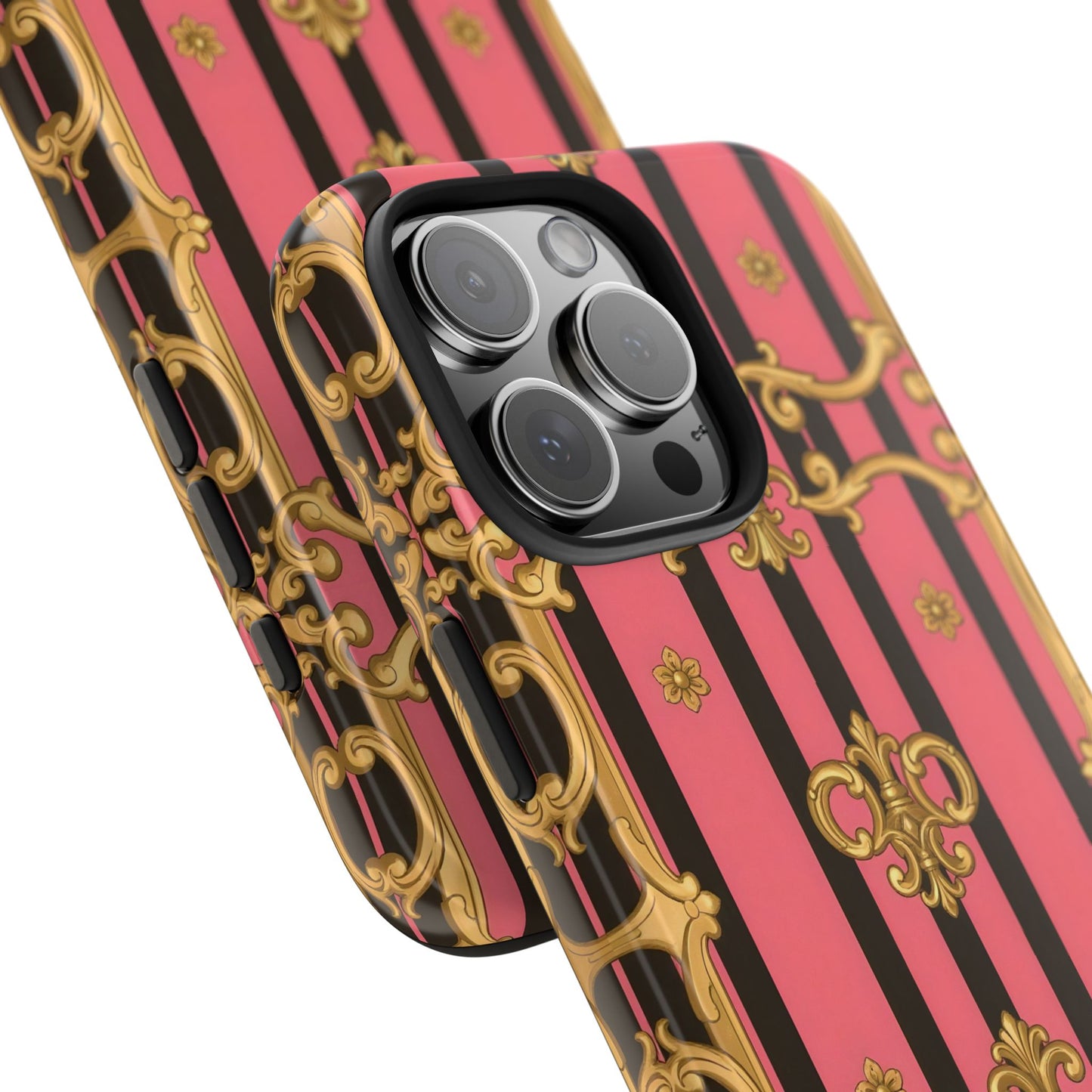 Elegant Baroque Tough Phone Cases, Stylish Protection, Gift for Her, Trendy Accessory - Pink & Black Striped Gold Baroque