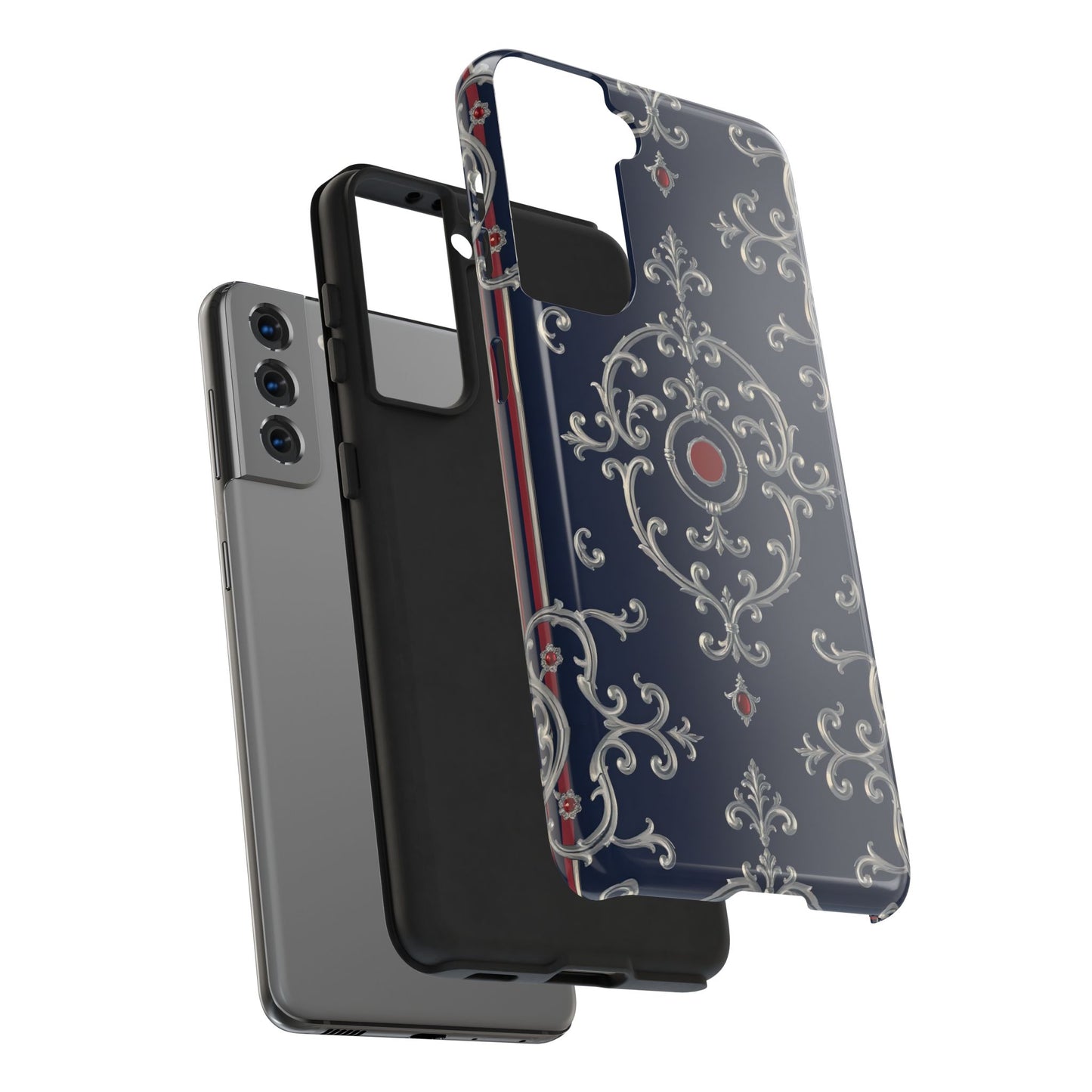 Elegant Patterned Tough Phone Cases for Stylish Protection, Gift for Her, Unique Accessories - Blue & Red Striped Silver Baroque
