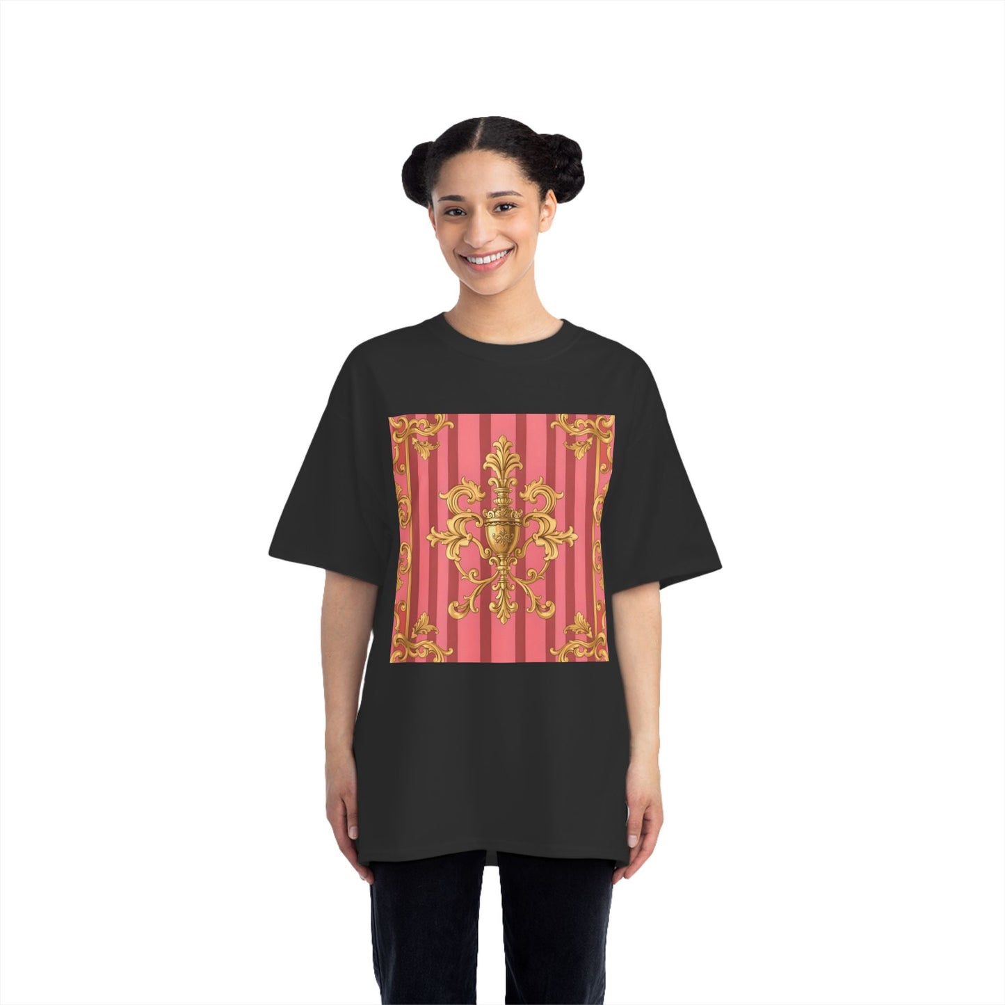 Chic Vintage Style Short-Sleeve T-Shirt - Elegant Baroque Design | Fashion Top, Gift for Her, Casual Wear - Pink Striped Gold Baroque
