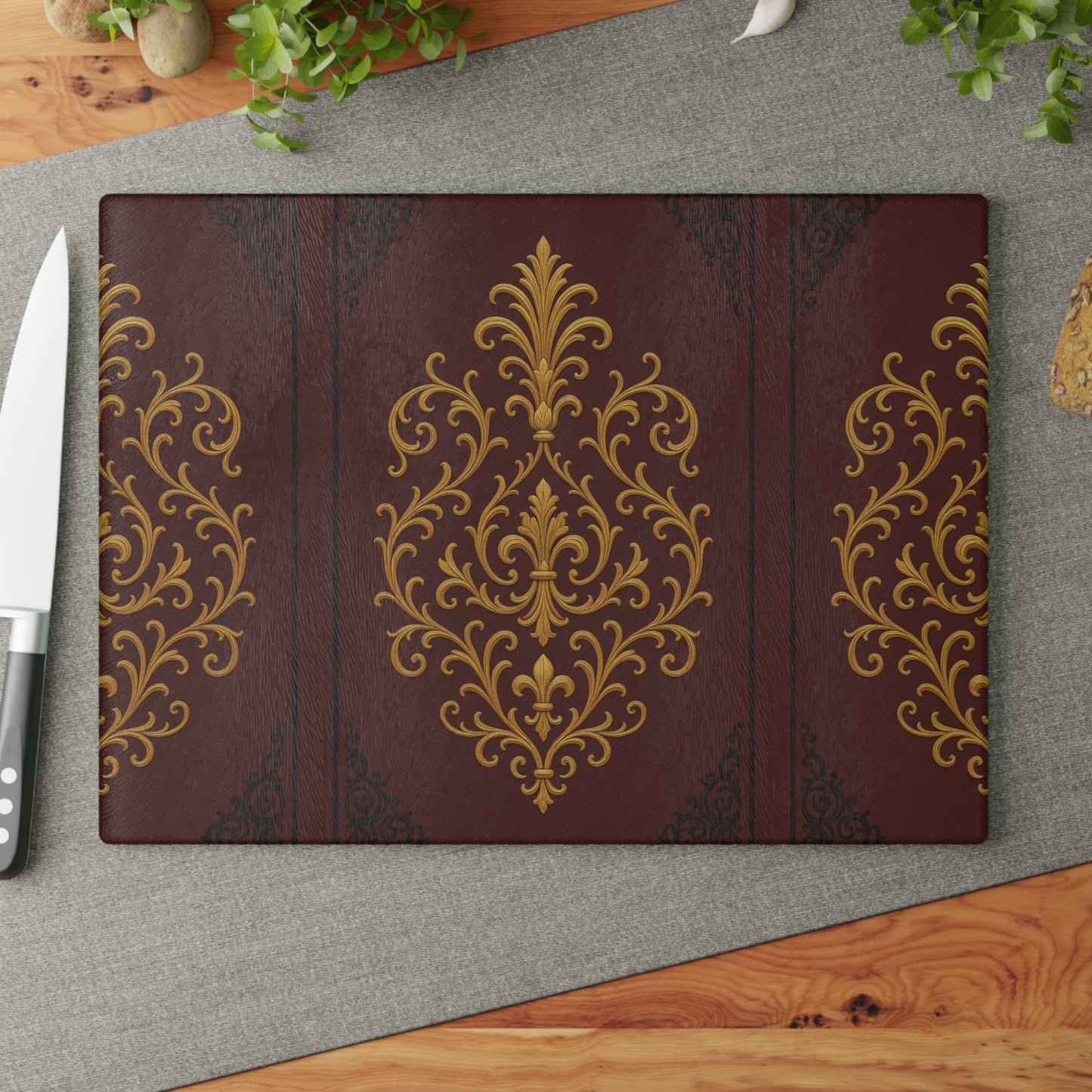 Dusk Burgundy-Black & Gold Baroque Glass Cutting Board — Elegant Kitchen Decor & Serving Board
