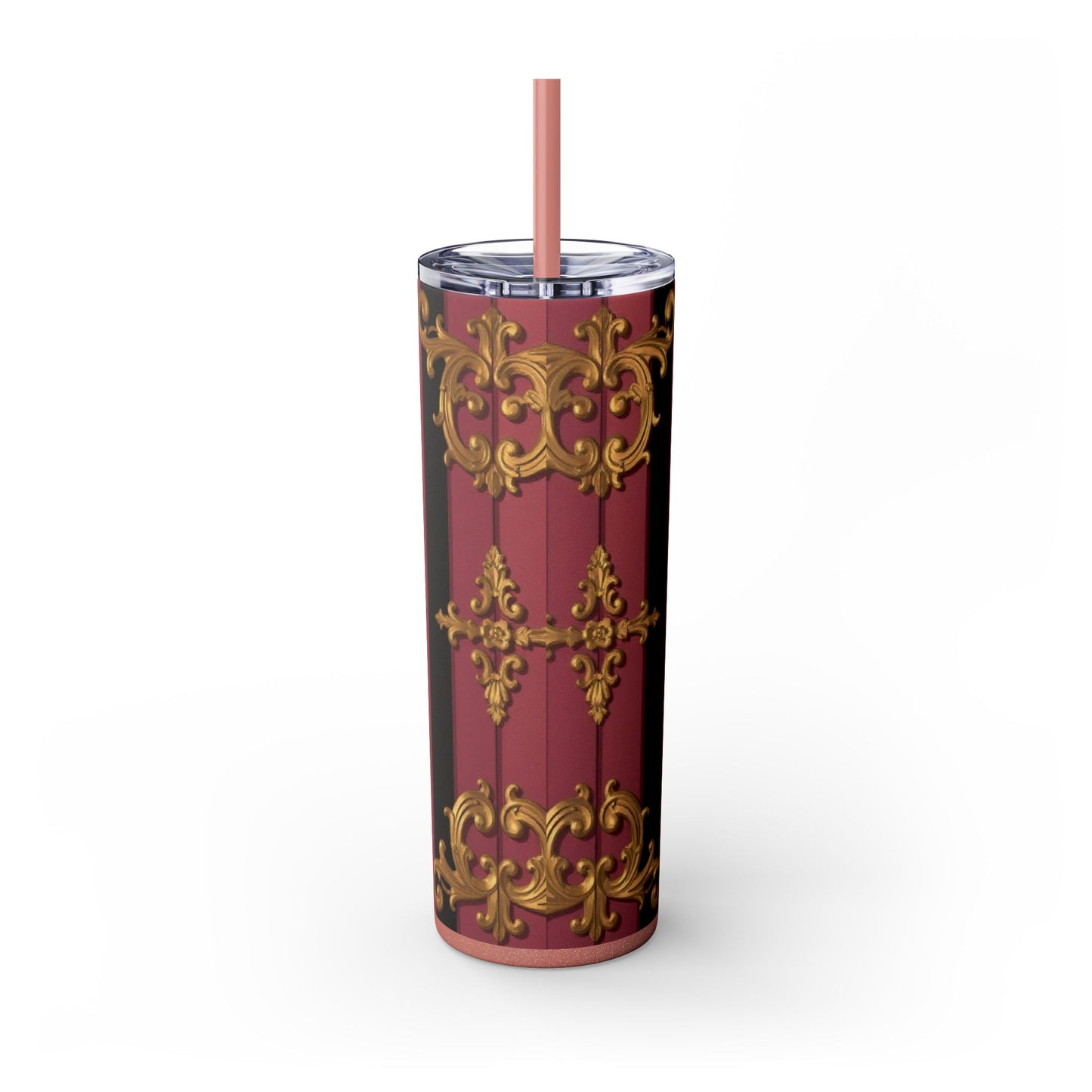 Elegant Black & Mauve Striped Gold Baroque Striped Skinny Tumbler with Straw, 20oz | Vintage Gold Accent Drinkware, Wedding Gift, Party Favor, Travel Mug
