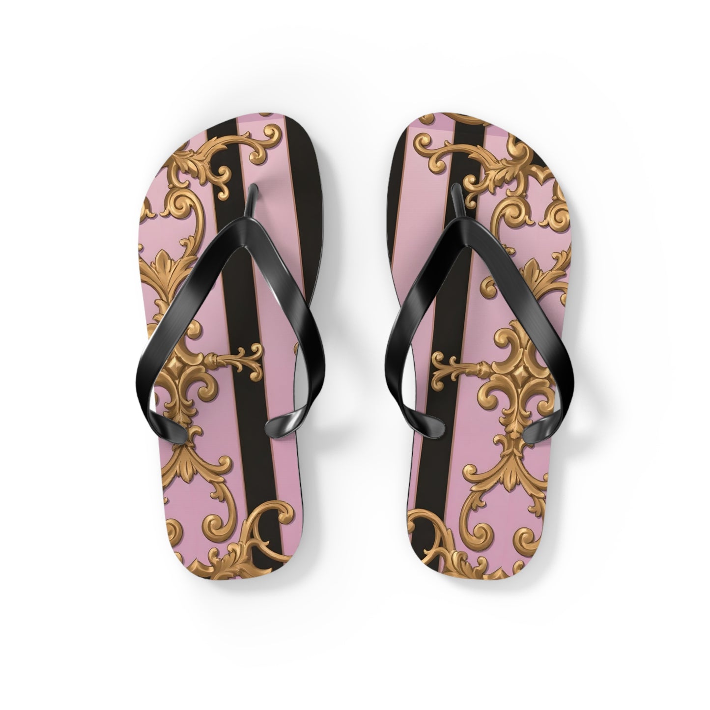 Chic Floral Flip Flops, Summer Sandals, Beach Footwear, Vacation Style, Poolside Essentials - Matte Lavender & Black Striped Gold Baroque