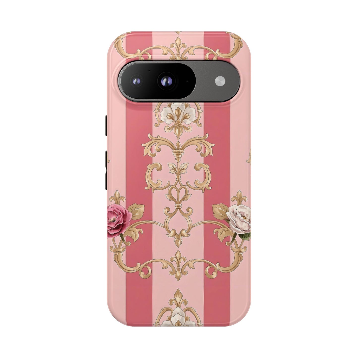 Elegant Floral Motif Phone Case - Tough Cases with Vintage Design - Pink Striped Roses & Damask