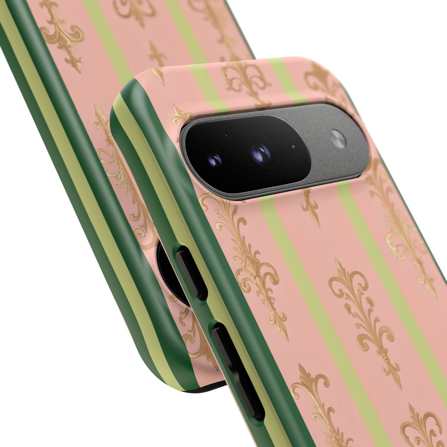 Elegant Floral Motif Phone Case - Tough Cases with Vintage Design - Lime Green & Pink Striped Damask