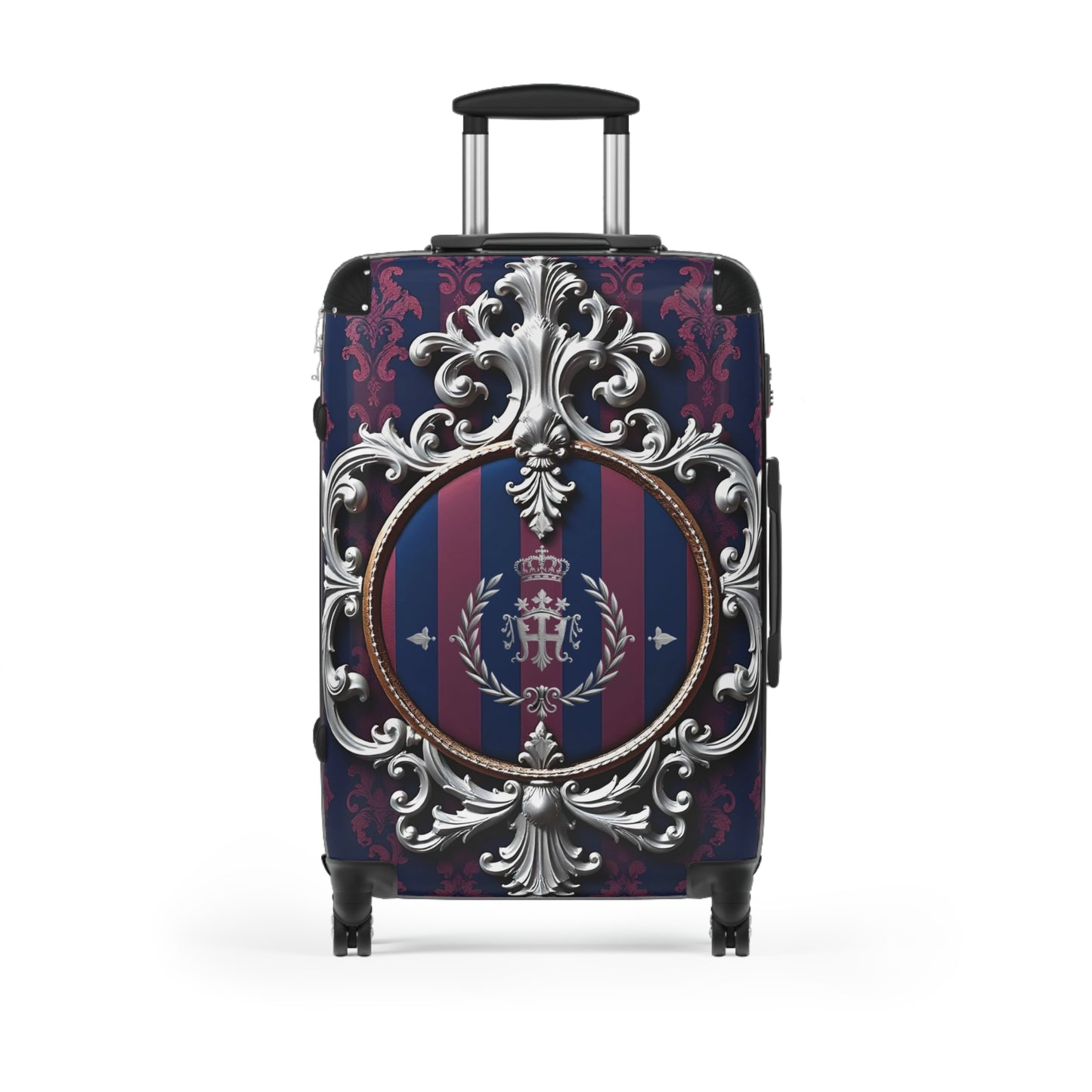 Elegant Suitcase for Travel, Stylish Luggage, Vintage Design Carry-On, Perfect for Adventures, Stylish Getaways - Blue & Plum Striped Silver Crest