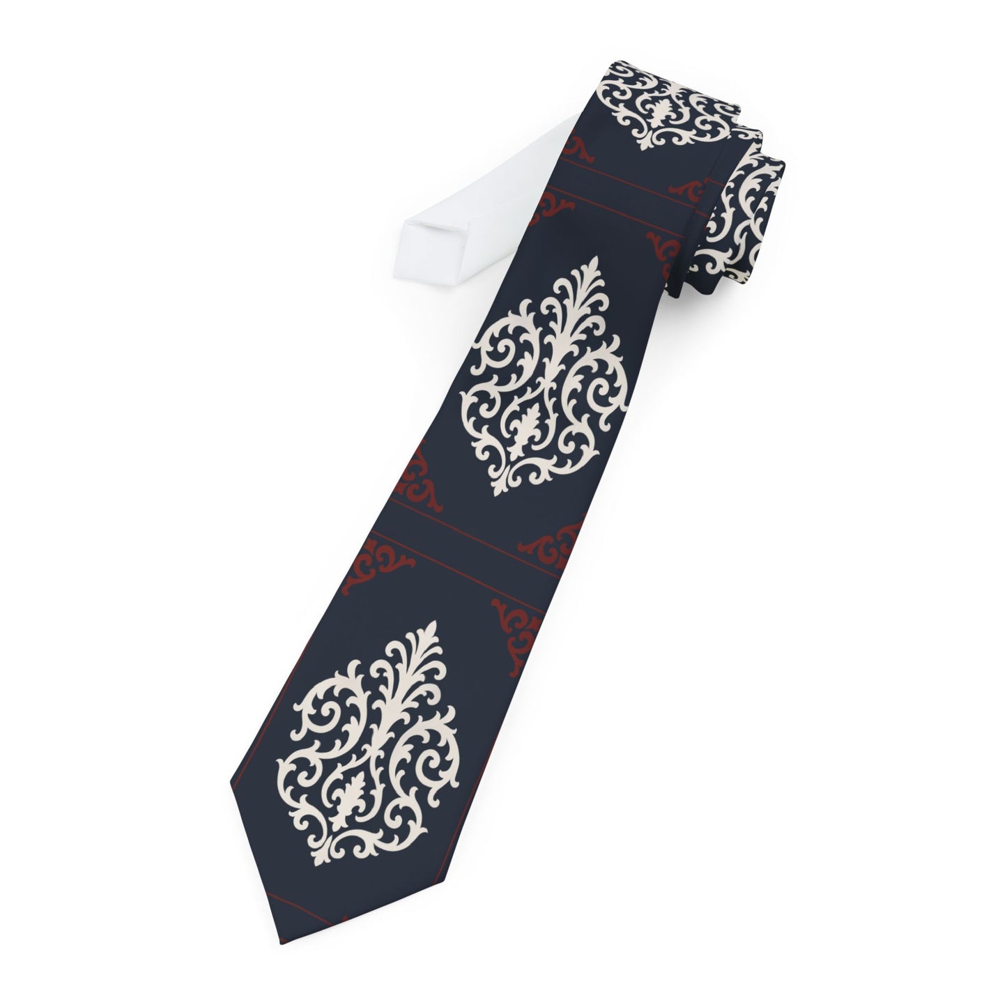 Dusk Blue-Maroon & White Baroque Necktie — Classic Baroque Pattern Tie for Weddings & Formal Wear