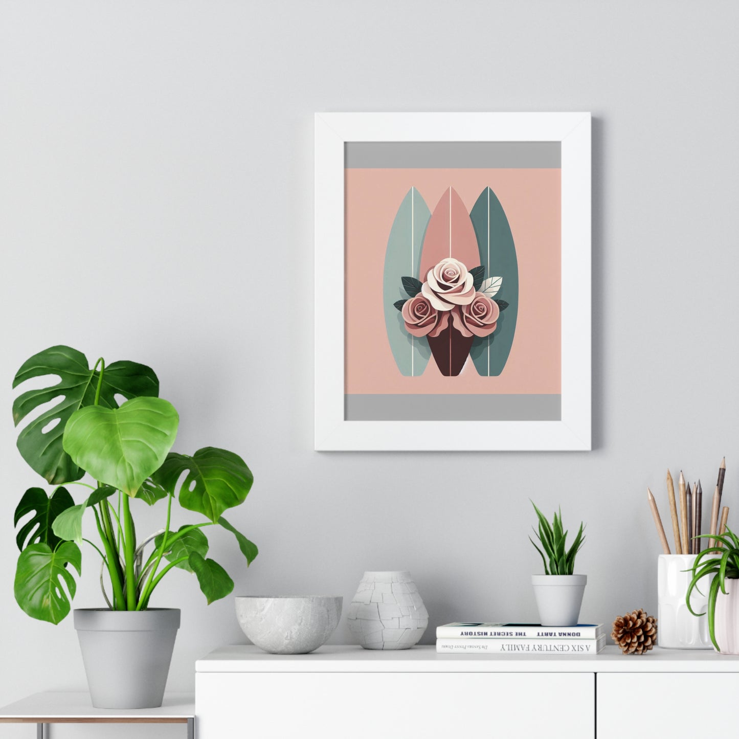 Vertical Poster - Burgundy, Matte Mauve & Teal Surfboard & Roses Wall Art