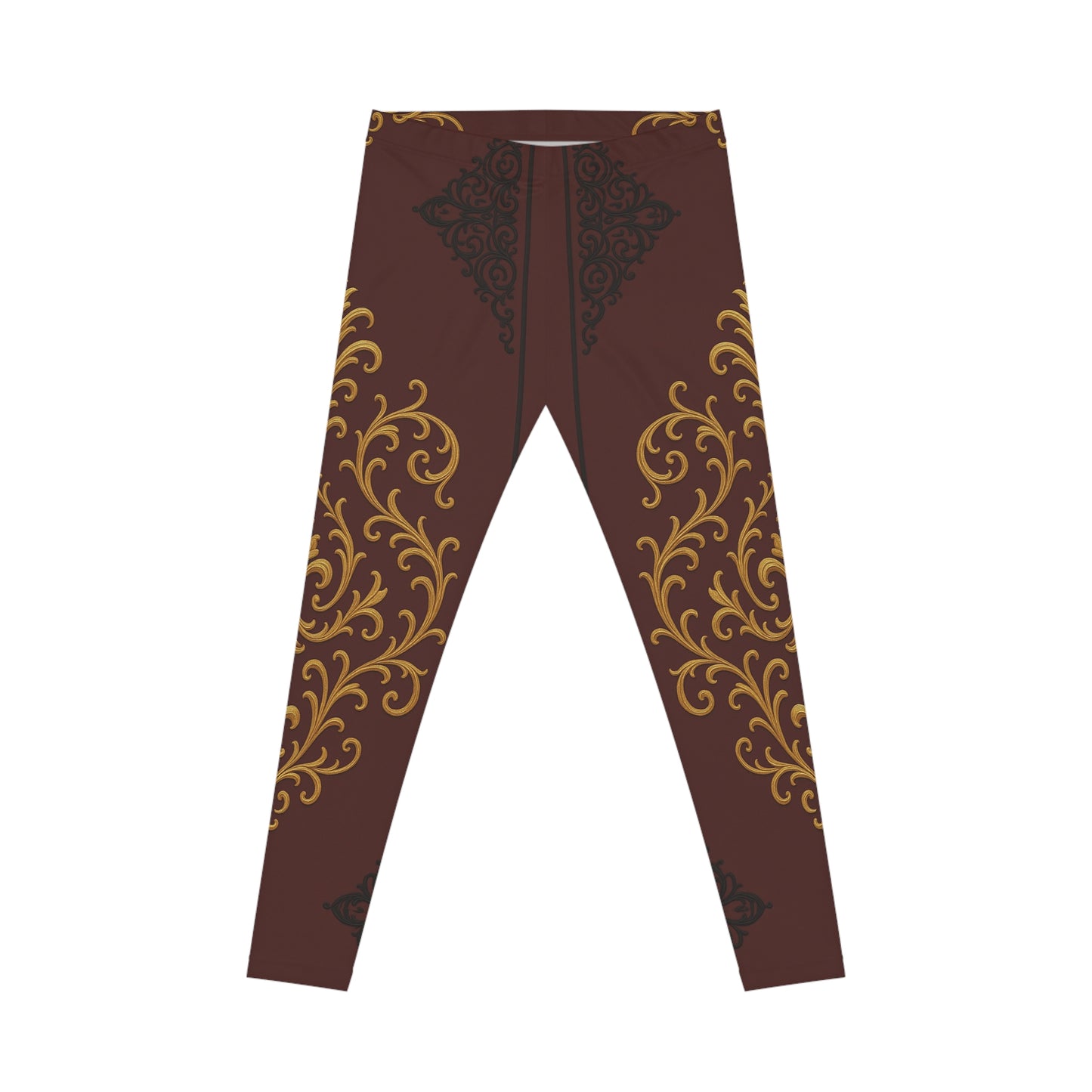 Dusk Burgundy-Black & Gold Baroque Leggings — Gold Scrollwork on Rich Burgundy AOP