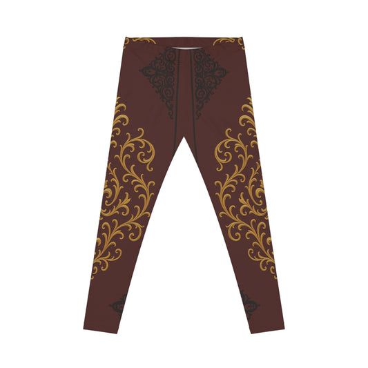 Dusk Burgundy-Black & Gold Baroque Leggings — Gold Scrollwork on Rich Burgundy AOP