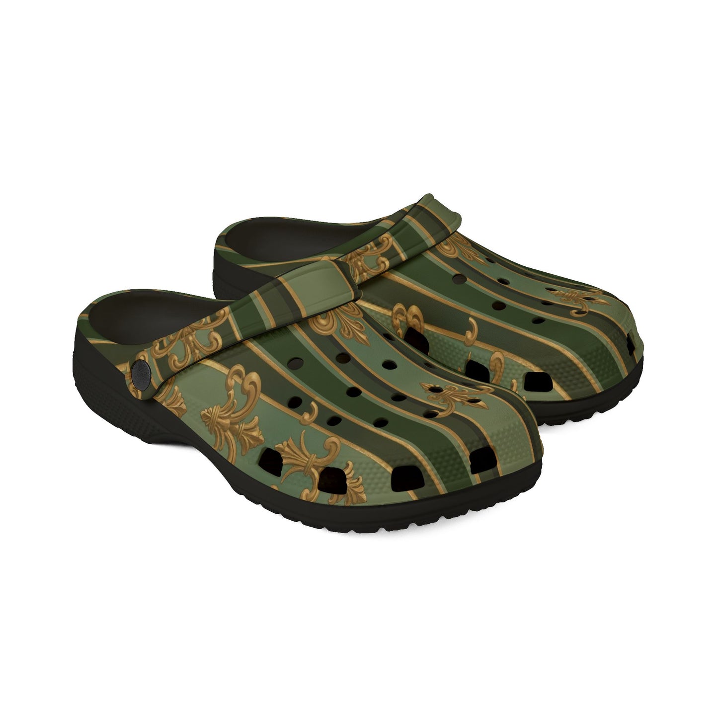 Stylish AOP EVA Foam Clogs, Trendy Foam Shoes for Comfort, Garden Sandals, Summer Outdoor Footwear - Green Striped Gold Baroque