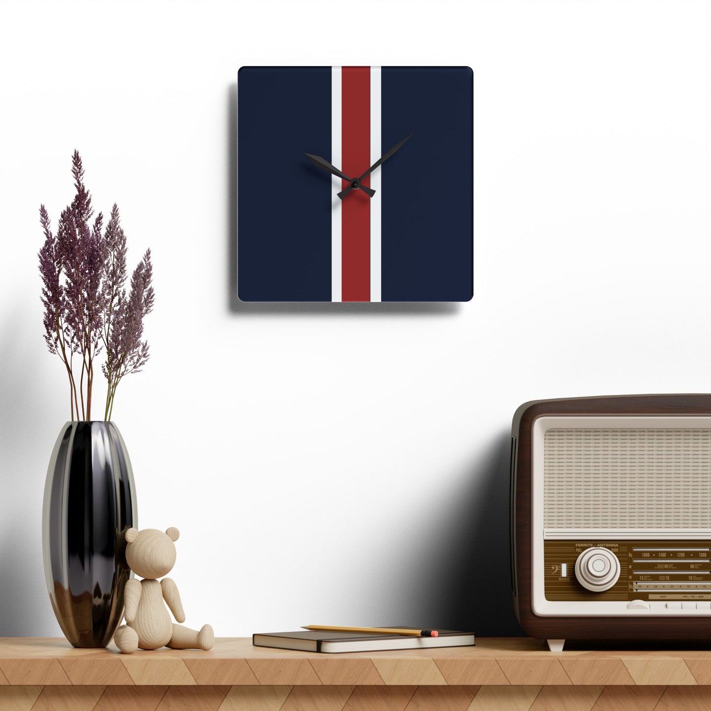 Lunar Midnight & Red-White Striped Acrylic Wall Clock, Modern Home Decor, Minimalist Office Timepiece, Gift for Him, Stylish Wall Art