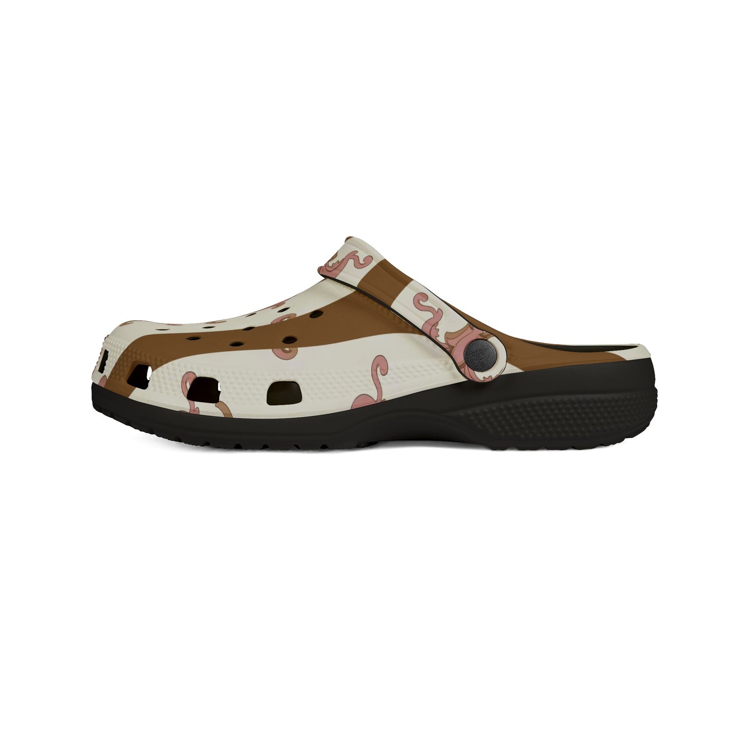 Stylish EVA Foam Rubber Clogs, Trendy Slip-On Shoes, Comfortable Footwear, Unique Patterned Clogs, Everyday Wear - Brown Striped Pink Arabesque