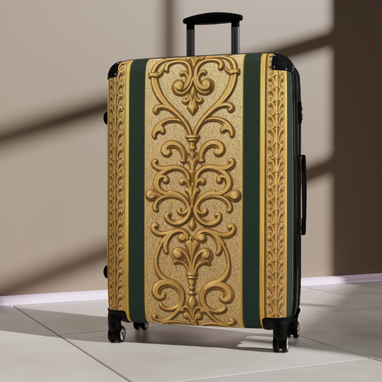 Elegant Teal Striped Gold Baroque Travel Suitcase - Vintage Style Luggage for Stylish Travelers, Durable Carry-On, Gift for Adventurers