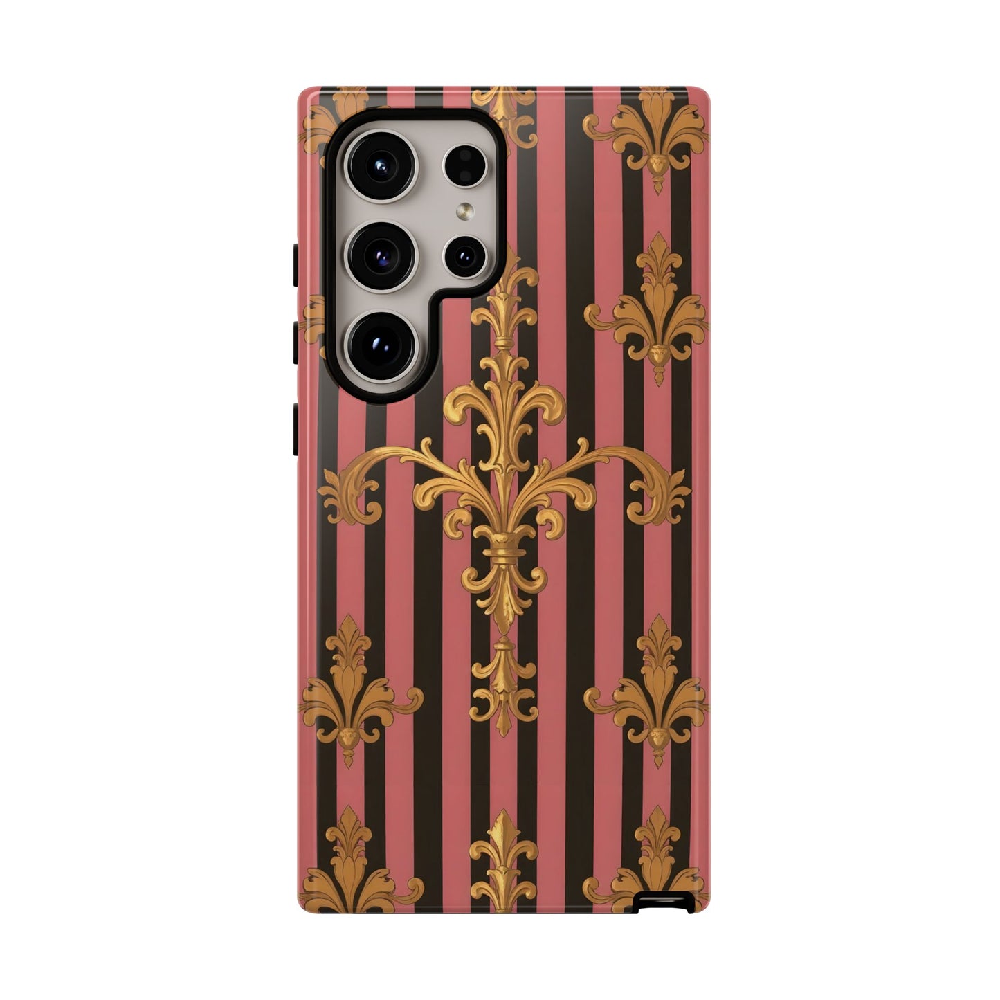 Elegant Floral Motif Phone Case - Tough Cases with Vintage Design - Mauve Striped Gold Damask