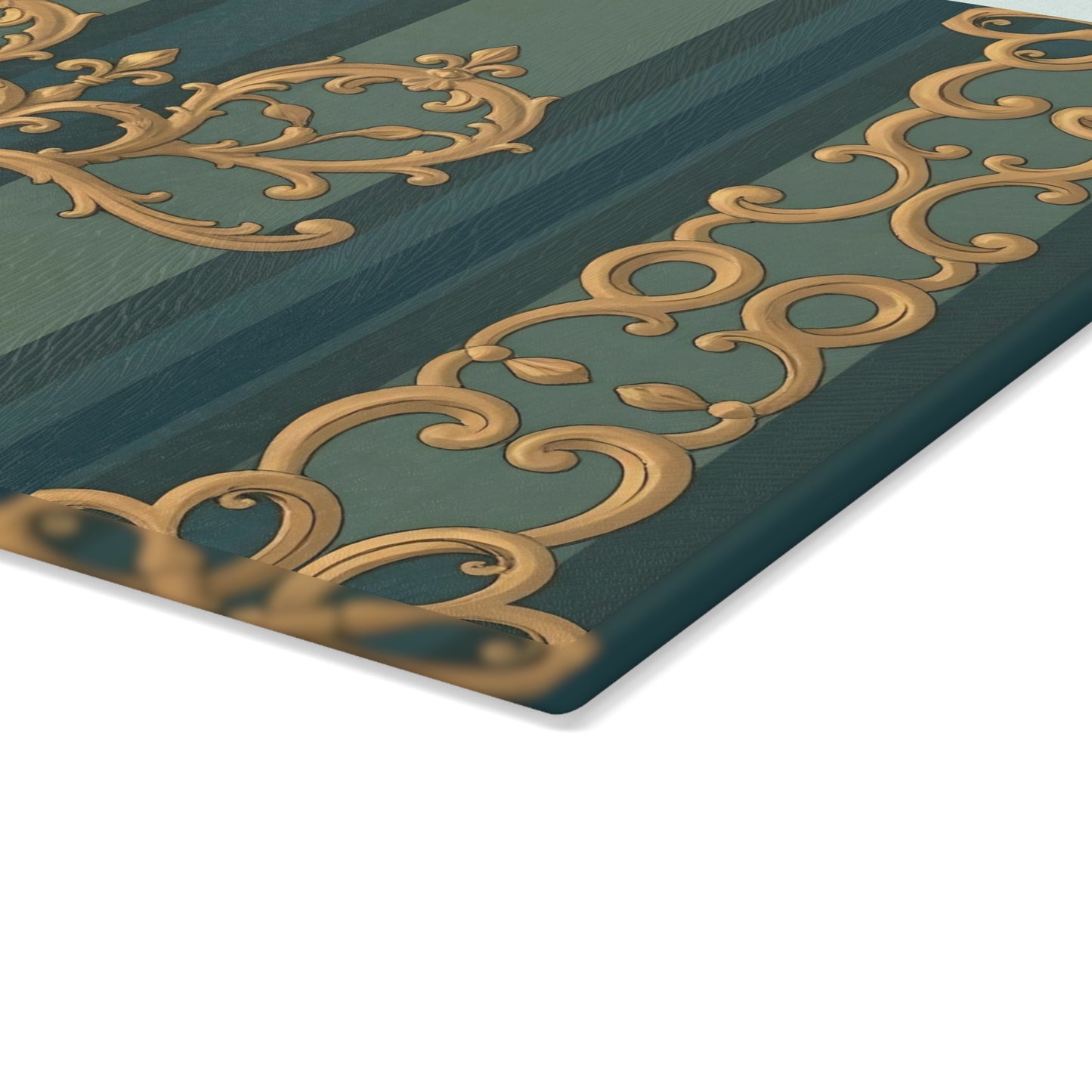 Elegant Vintage Glass Cutting Board with Ornate Design - Smoky Blue & Teal Striped Baroque