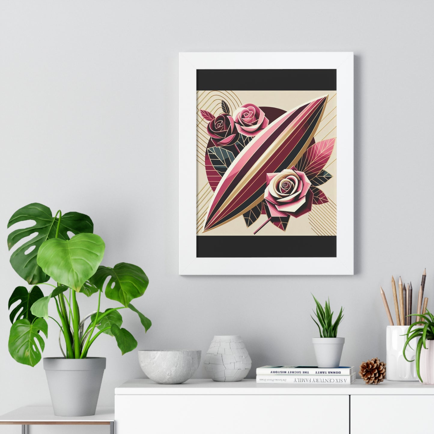 Vertical Poster - Pink & Burgundy Striped Surfboard & Roses Wall Art