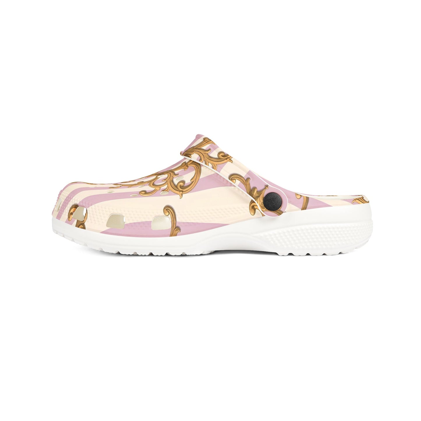 Chic Floral Clogs - Stylish EVA Foam Slip-On Shoes, Cute Garden Footwear, Comfortable Walkers - Lilac & Alabaster Striped Gold Baroque