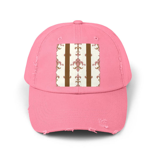 Chic Distressed Cap with Vintage Floral Design, Unisex Gift for Her, Fashion Accessory for Everyday, Trendy Baseball Cap - Brown Striped Pink Arabesque