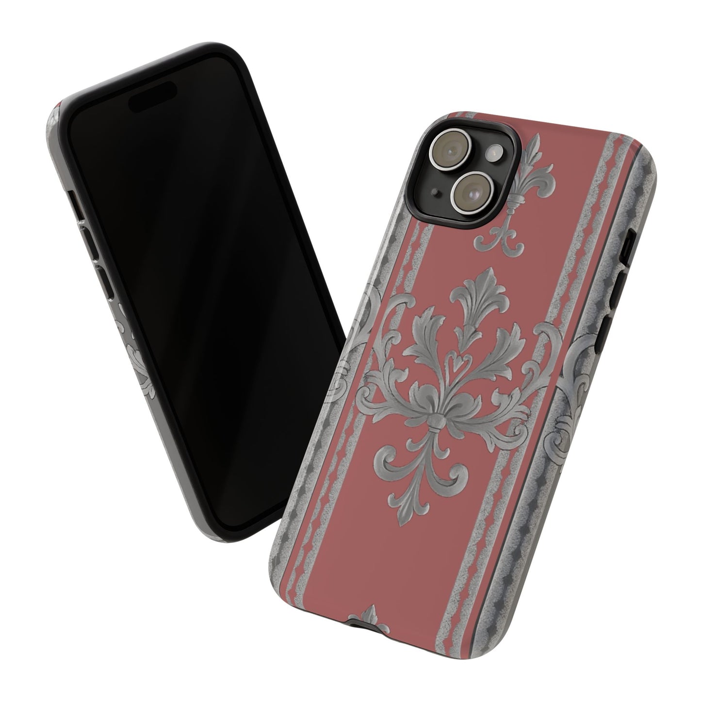 Elegant Floral Phone Case - Tough Cases for Stylish Protection - Gray & Mauve Striped Baroque