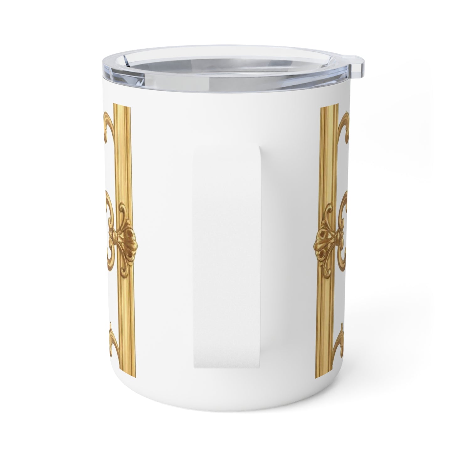 Elegant Insulated Coffee Mug, 10oz | Luxury Travel Mug, Gold Accent Drinkware, Stylish Gift for Coffee Lovers - Black & White Striped Gold Baroque