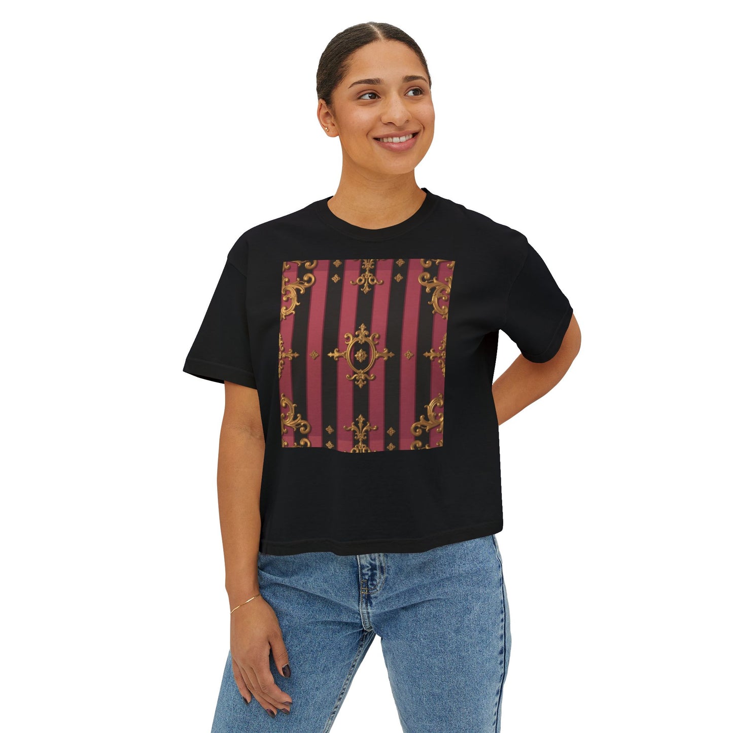 Black & Mauve Striped Gold Baroque Women's Boxy Tee, Vintage Style Top, Casual Fashion Tee, Oversized Graphic Shirt