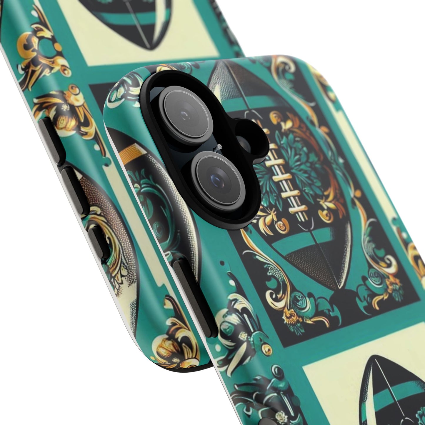 Elegant Floral Motif Phone Case - Tough Cases with Vintage Design -  Damask Teal, Gold & Black Footballs