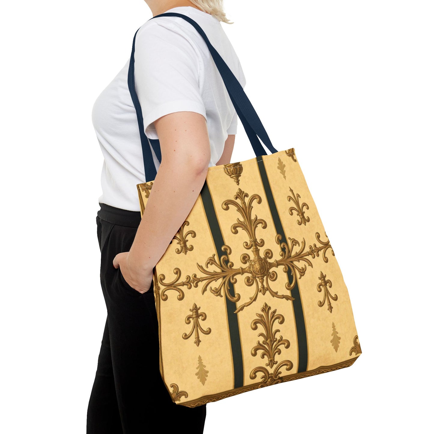 Elegant Baroque Pattern Tote Bag | Stylish Eco-friendly Shopping Bag, Beach Tote, Gift Bag, Daily Use - Matte Yellow Striped Antique Rococo