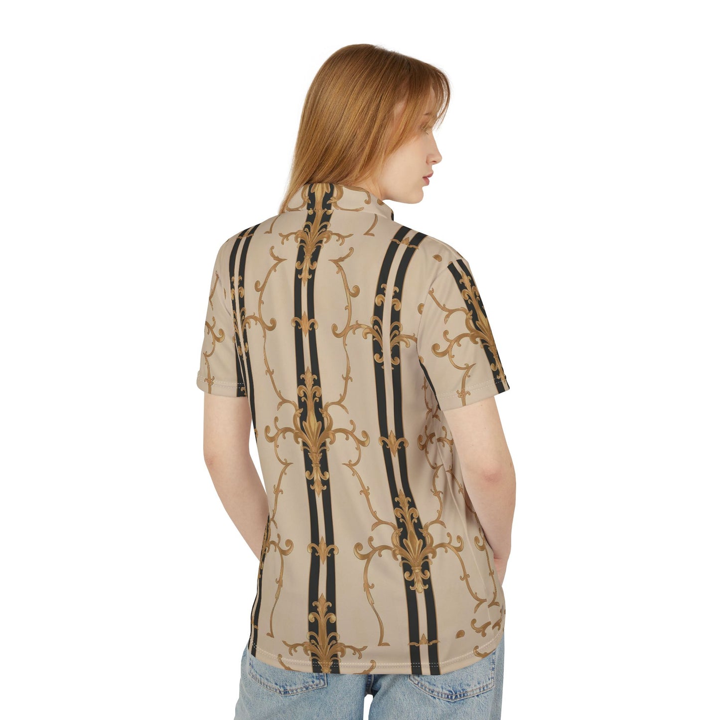 Stylish Unisex Polo Shirt with Golden Baroque Design, Casual Elegance for Men and Women - Black & Beige Striped Damask