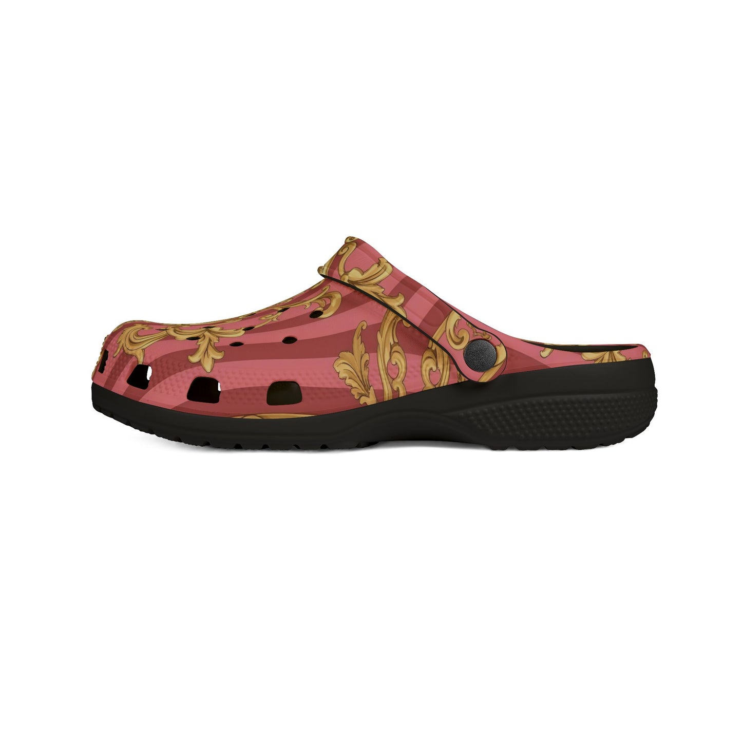 Elegant Baroque-Style EVA Foam Clogs, Trendy Slip-On Shoes, Comfortable Fashion Footwear - Pink Striped Gold Baroque