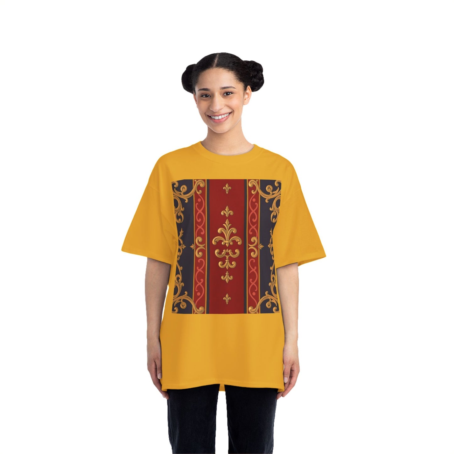 Elegant Patterned Short-Sleeve T-Shirt, Stylish Tee, Vintage Design Top, Casual Wear, Fashionable Gift - Midnight Blue & Dusk Red Gold Baroque