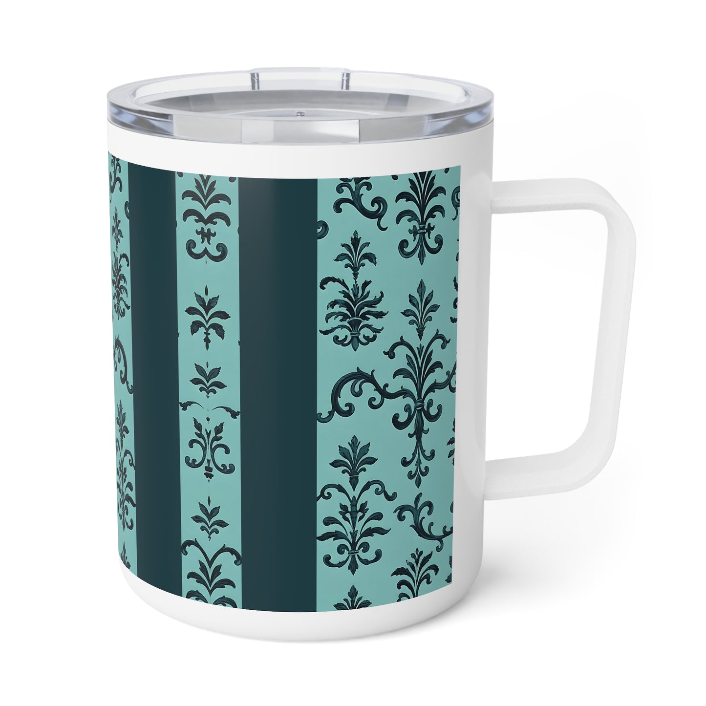 Chic Insulated Coffee Mug, Elegant Drinkware for Home and Office, Perfect Gift for Coffee Lovers, Vintage Pattern - Teal Striped Rococo
