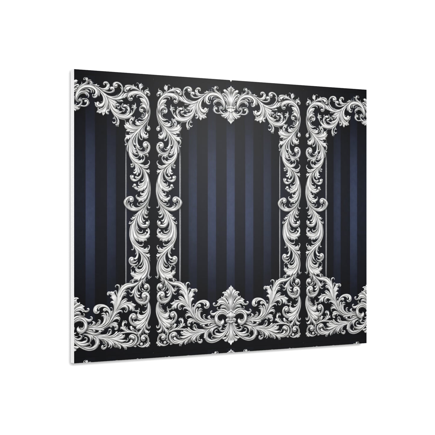 Navy Stripes & Baroque Foam Board Backdrop — Ornate Silver Scroll Panel