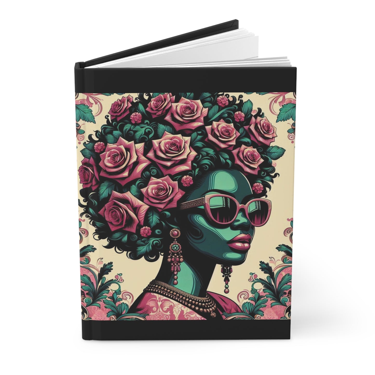 Elegant Floral Hardcover Journal - Stylish Writing Notebook - Teal Lady With Roses & Damask Design