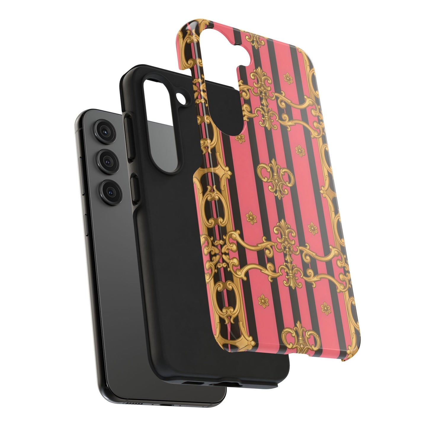 Elegant Baroque Tough Phone Cases, Stylish Protection, Gift for Her, Trendy Accessory - Pink & Black Striped Gold Baroque