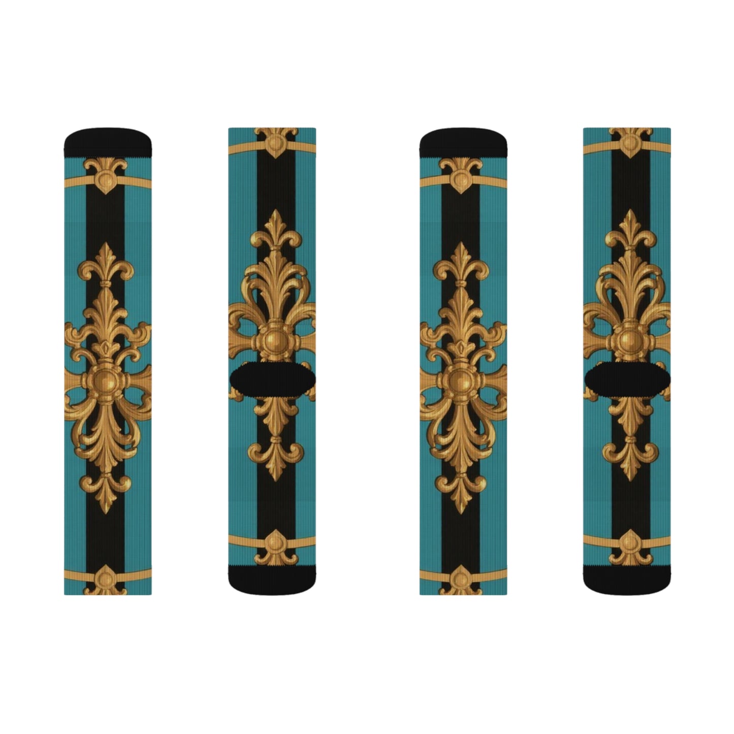 Elegant Turquoise & Black Striped Gold Baroque Patterned Unisex Sublimation Socks, Fashionable Socks, Unique Gift for Her & Him