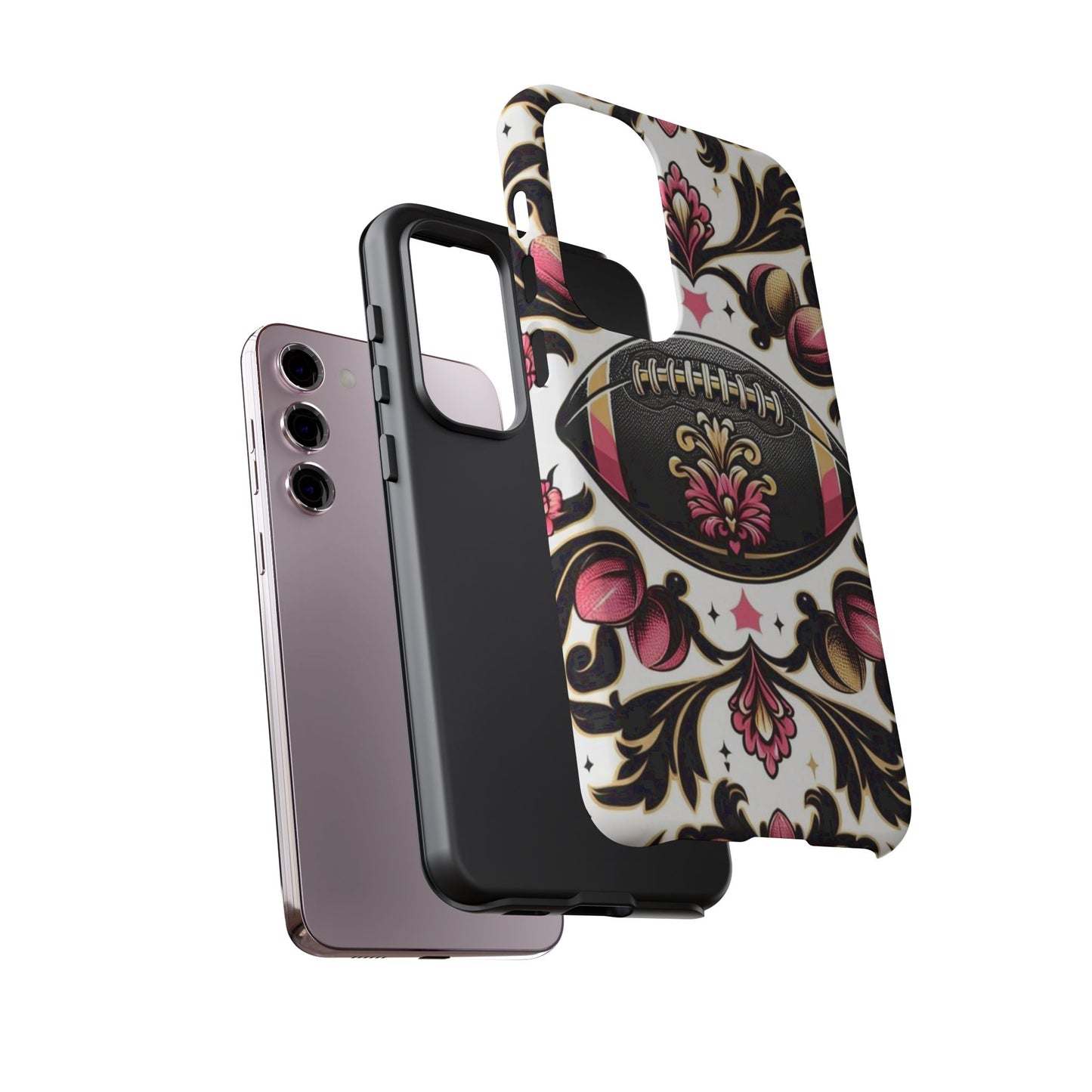 Elegant Floral Motif Phone Case - Tough Cases with Vintage Design - Damask White, Pink Gold & Black Football