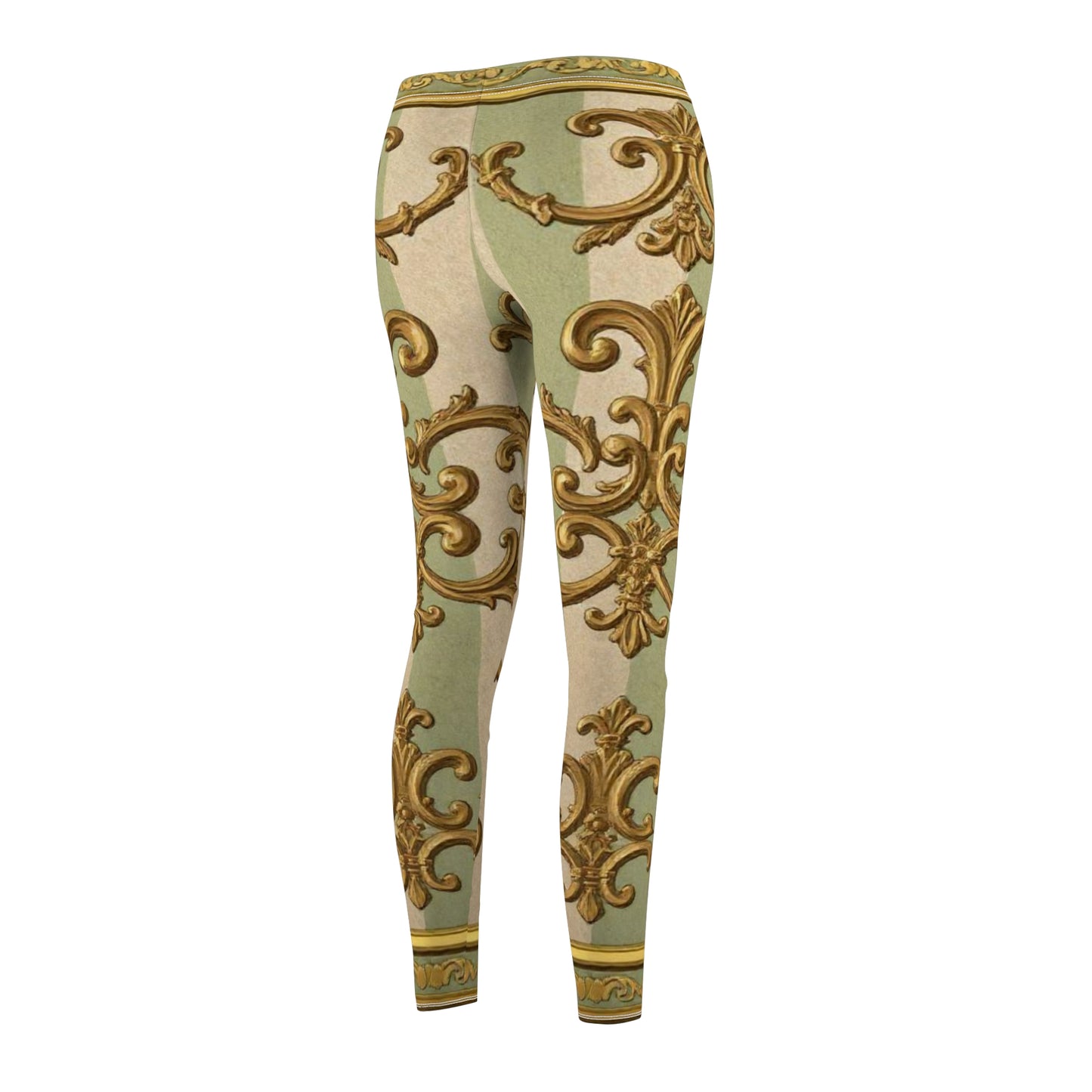 Elegant Vintage Print Leggings, Stylish Activewear, Comfortable Casual Wear, Perfect for Yoga - Mint & Beige Striped Gold Baroque