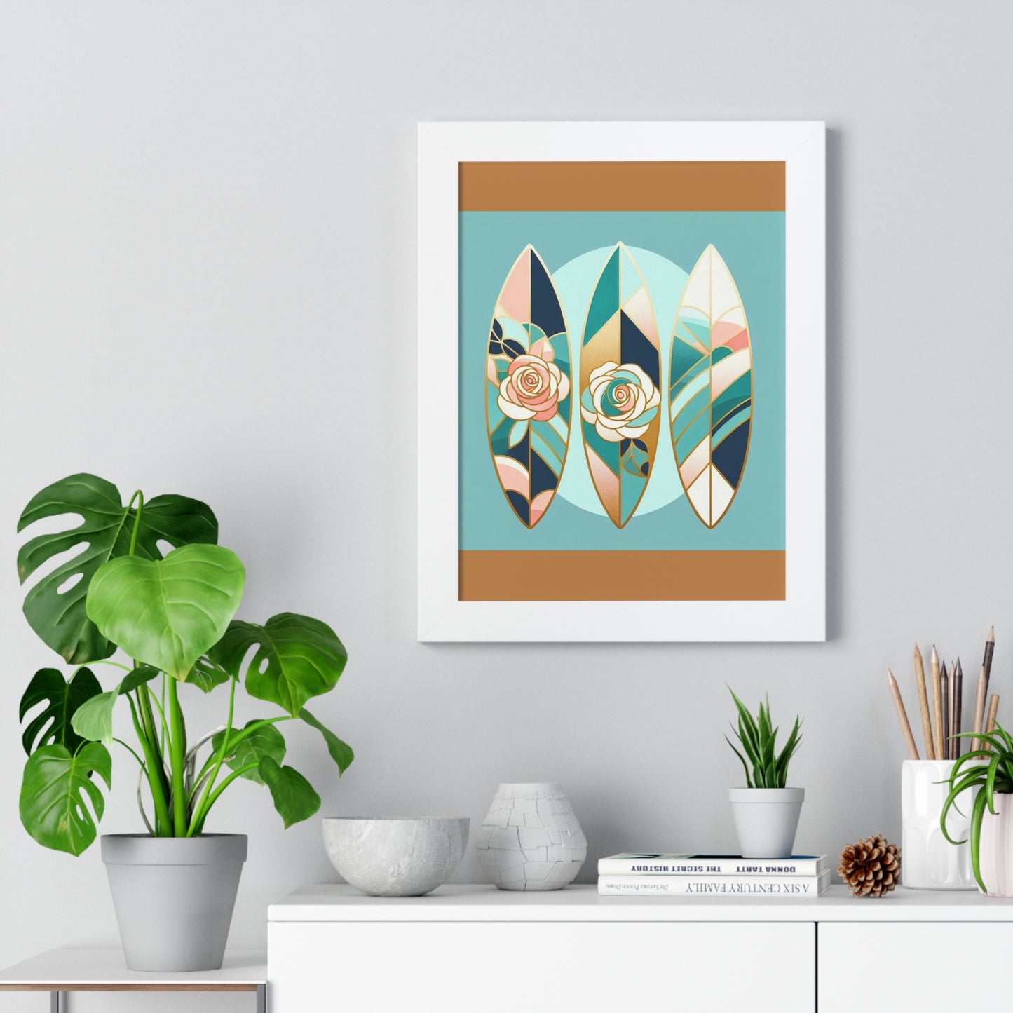 Vertical Poster - Blue, Pink & Aqua Surfboard & Roses Wall Art