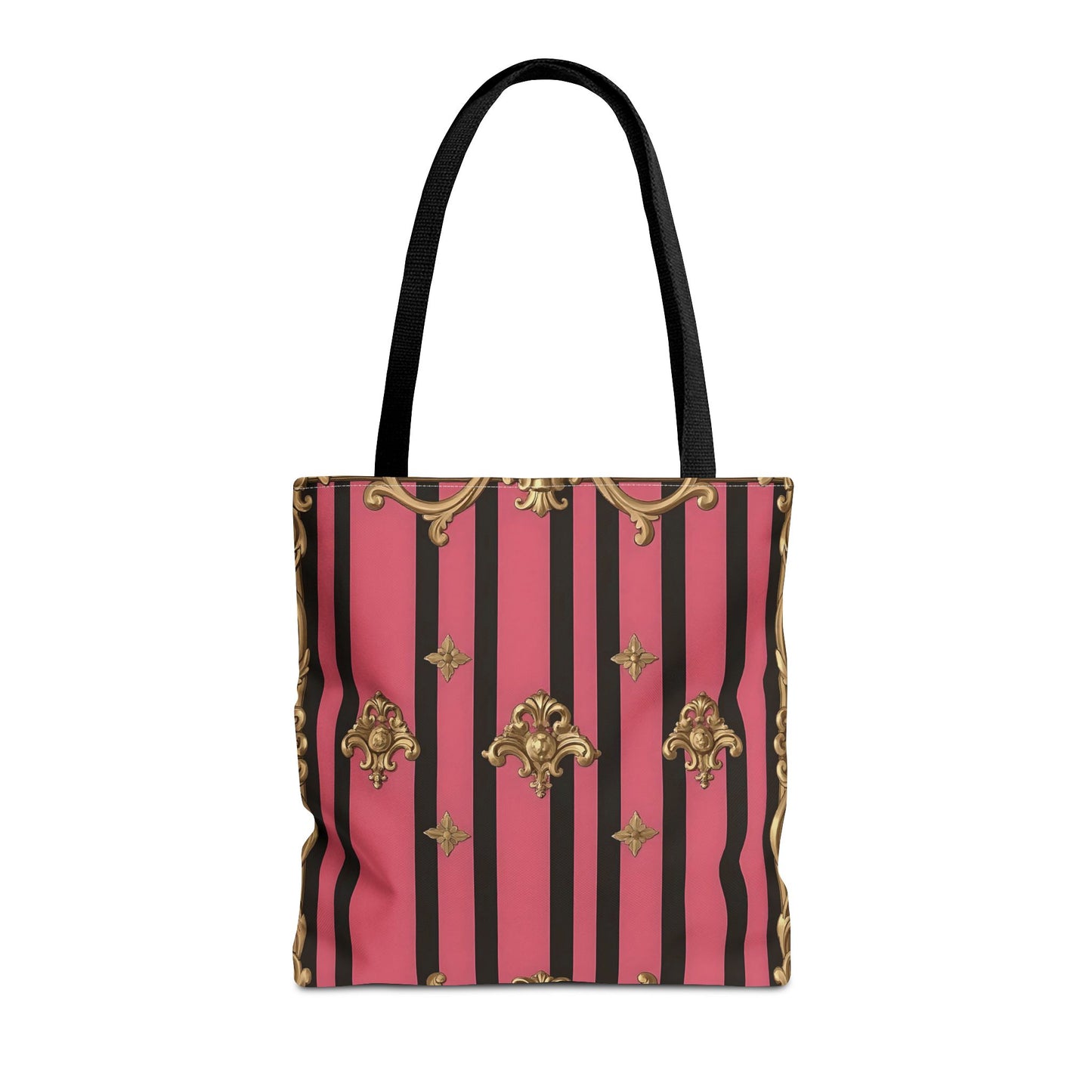 Chic Floral Tote Bag - Elegant Reusable Shopping Bag, Fashion Accessory, Gift for Her, Everyday Use, Eco-Friendly - Pink Striped Gold Rococo